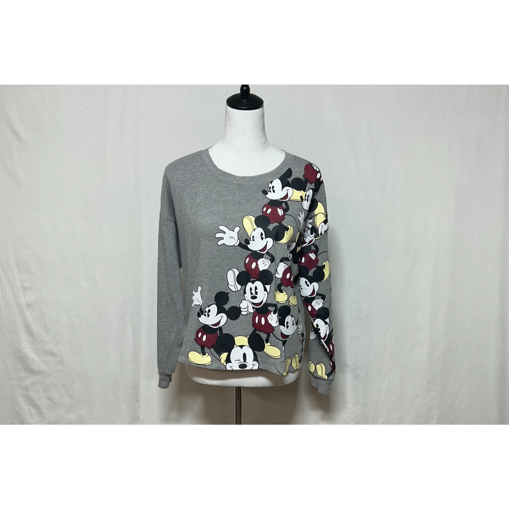 Disney Mickey Mouse Sweatshirt Womens Medium Gray Front All Over Print Crew Neck - Picture 2 of 12